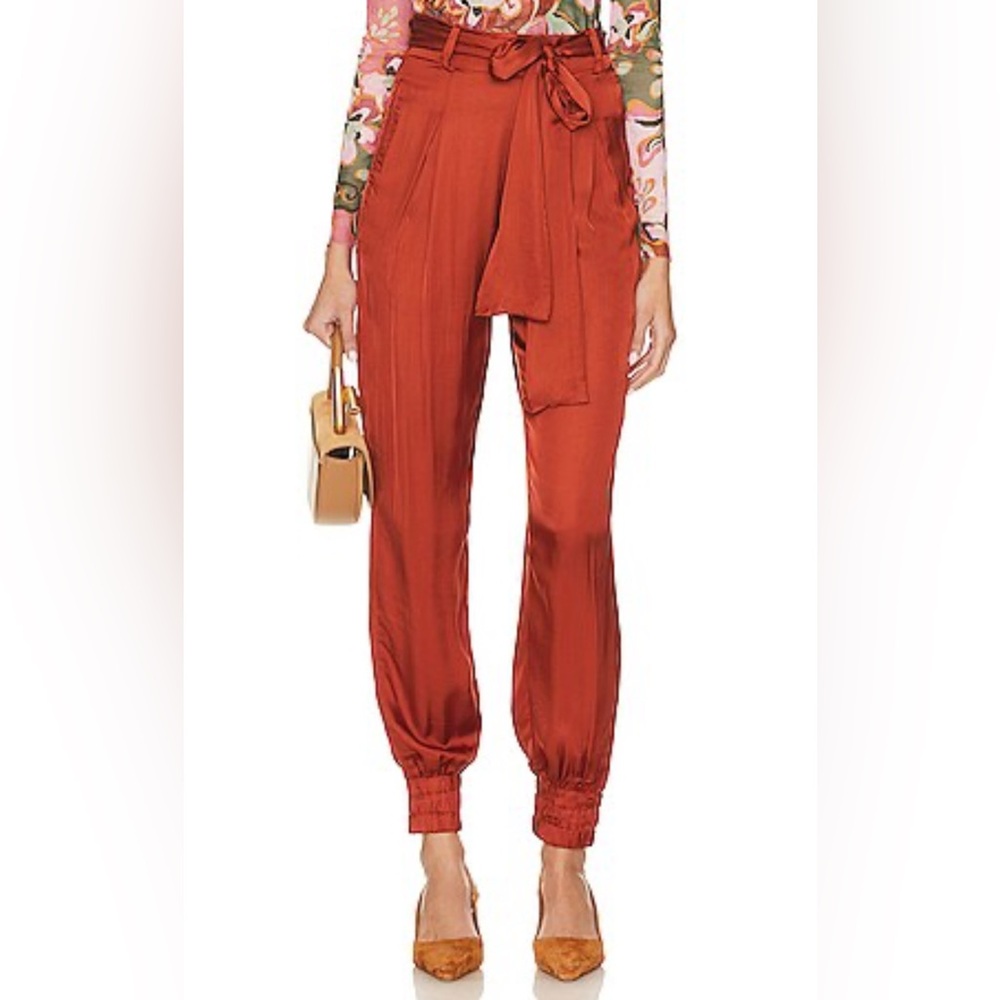 High-Waist Tie-Belt Satin Pants in Rust
